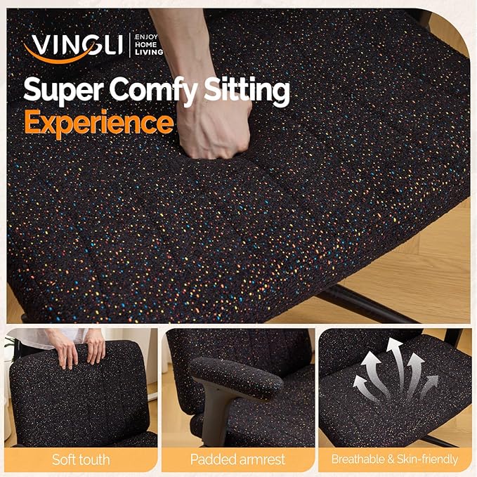 VINGLI Criss Cross Chair with Adjustable Flip-Up Arms,Cross Legged Chair with Wheels,Extra Wide Office Chair,Desk Chair for Home Office,Vanity,Bedroom, Apartment,Starry Chenille,Black