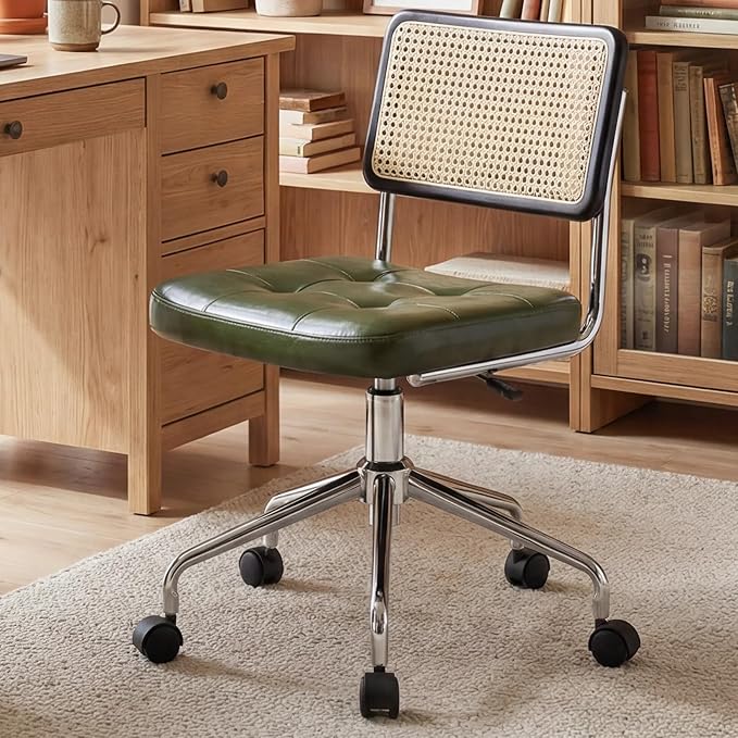Zesthouse Mid Century Home Office Chair, Armless Desk Chair with Rattan Back, Adjustable Height Task Chair Vanity Chair for Girls Women, Upholstered Swivel Chair, Green Faux Leather