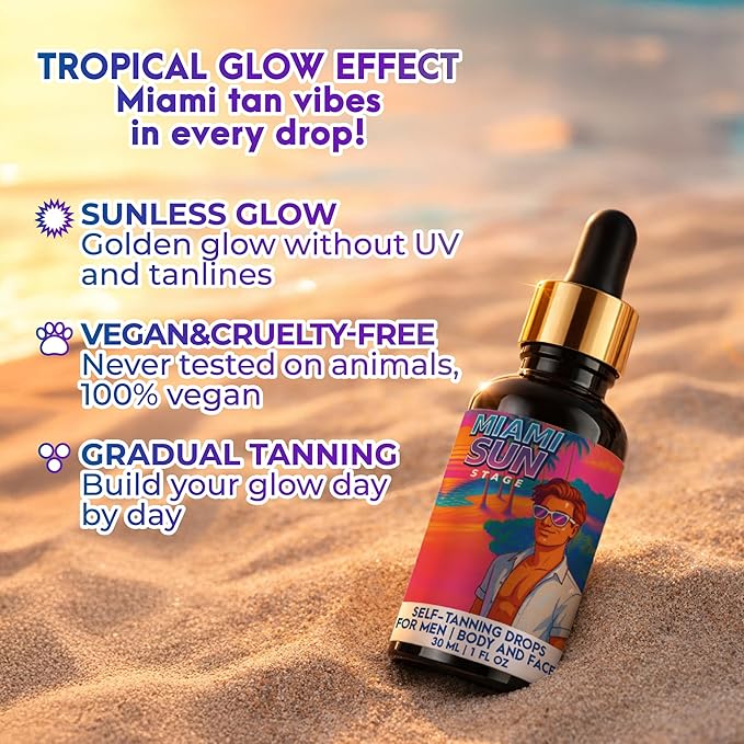 MIAMI SUN STAGE Self Tanning Drops for Men - Medium to Dark Tan (Skin Type 2-3) - Face & Body Bronzer Mixer - Natural Sunless Tanner with Aloe, Avocado - Vegan & Non-Sticky, 1 fl oz