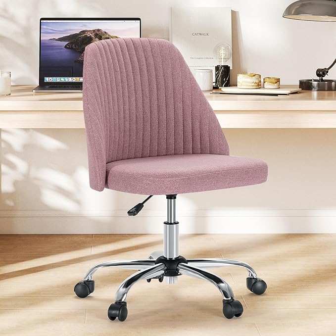 Sweetcrispy Armless Vanity Chair, Cute Comfy Home Office Desk Chair with Wheels, Modern Upholstered Task Computer Seat for Bedroom, Study, Makeup Vanity, Height Adjustable & Swivel Fit, Dusty Pink