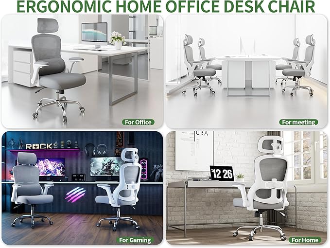 Ergonomic Office Chair - Computer Desk Chairs Comfy, Mesh High-Back Gaming Chair with Adjustable Lumbar Support, Executive Task Chair for Adults, Comfortable for Long Hours (Gray)