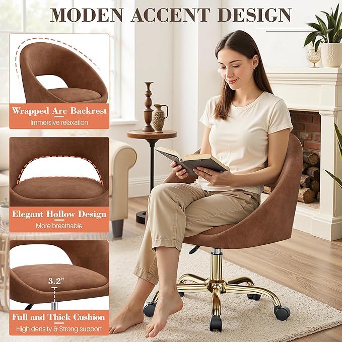Vanity Chair with Wheels, Modern Makeup Vanity Chairs with Back Adjustable Height, Comfy Cute Home Office Desk Chairs for Bedroom, Living Room (Brown)