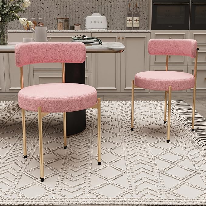 Desk Chair No Wheels Vanity Chair Comfy Accent Chairs for Living Dining Room Bedroom Home Office Mid Century Modern Upholstered Armless Chairs with Metal Legs (Gold Frame+Pink, 2)
