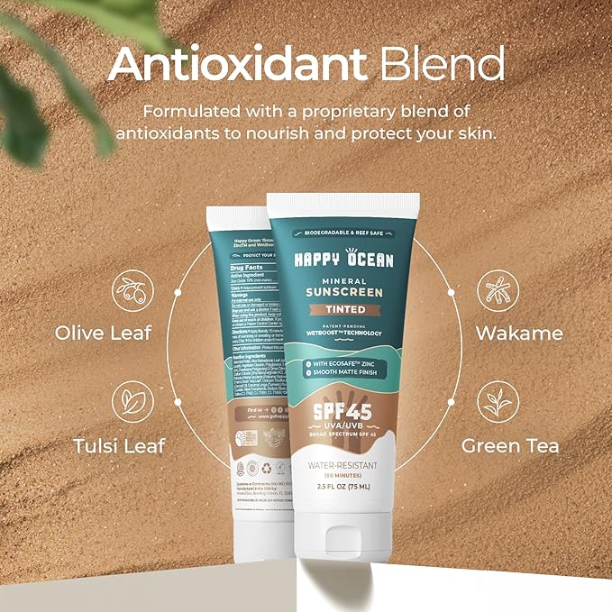 SPF 45 Mineral Sunscreen with Non-Nano Zinc Oxide for Face and Body - 2.5 Fl oz, Non-Greasy, Reef Safe Biodegradable Sunscreen, Travel Size, Water Resistant - Tint