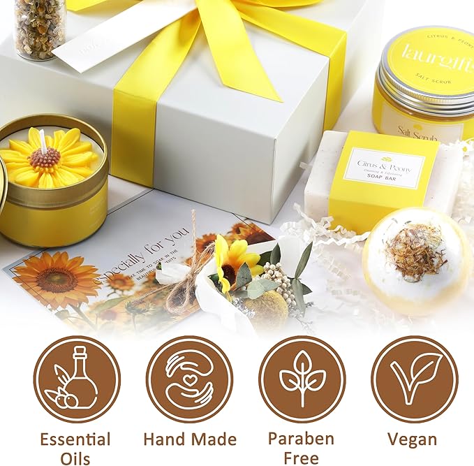 Birthday Gifts for Women – Yellow Sunshine Spa Gift Box, Luxury Bath & Self Care Package with Citrus & Peony Scent for Mom, Sister or Friend