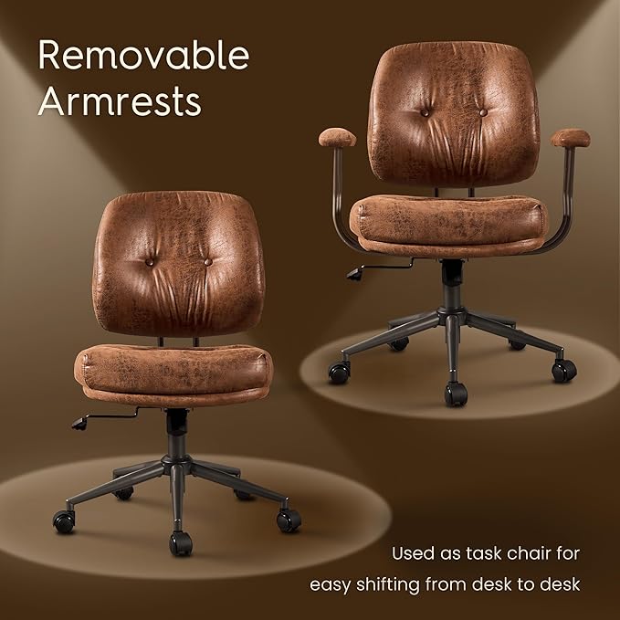 HOOOWOOO Ergonomic Office Chair,Mid Century Modern Computer Desk Chair,Comfy Executive Chair with Extra Wide Tufted Cloudy Seat Lumbar Support Rocking Back,Suede Leather Dark Brown