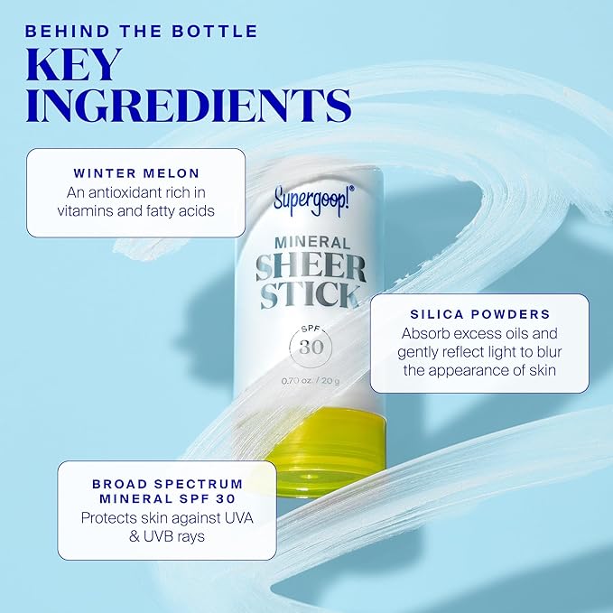 Supergoop! Mineral Sheer Stick SPF 30 Sunscreen - Mineral, Broad Spectrum Sunscreen for Face & Body - Helps Filter Blue Light - Natural Finish - For All Skin Types - 0.7 fl oz