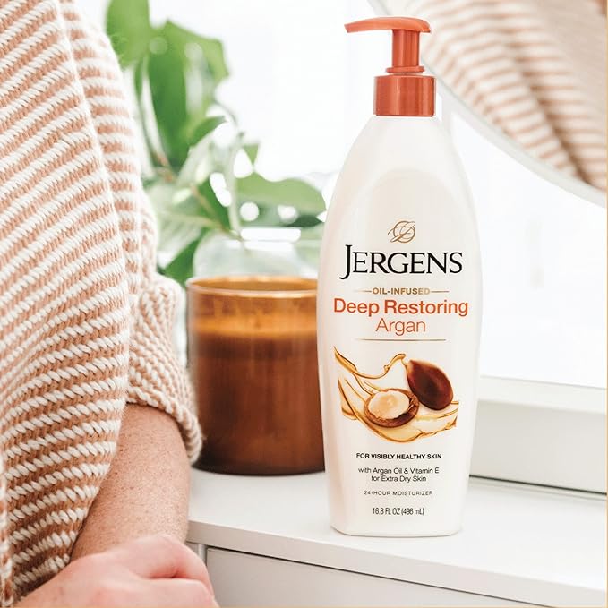 Jergens Deep Restoring Argan Oil Moisturizer, Soothing Body and Hand Lotion, with Reviving Argan_Oil and Vitamin E, Oil-Infused, Dermatologist Tested, 16.8 oz (Pack of 2)