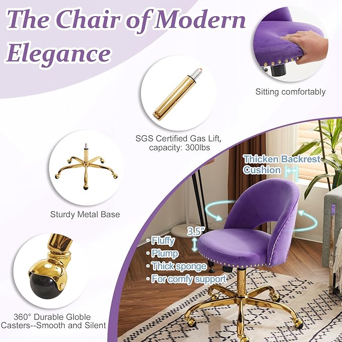 VINGLI Modern Velvet Small Office Chair,Cute Desk Chair with Wheels,Gold Base/Studs, Comfy Armless Swivel Vanity Task Chair for Women/Girl/Kids, Nail Tech Chair for Bedroom,Small Space,Violet Purple