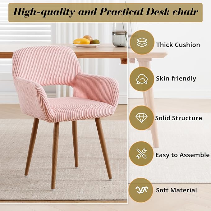 HENJIANYI Home Office Corduroy Desk Chair, Makeup Vanity Chair, Comfy Accent Armchair with Wood Grain Metal Legs, Cute Dining with Hollowed Back, Pink