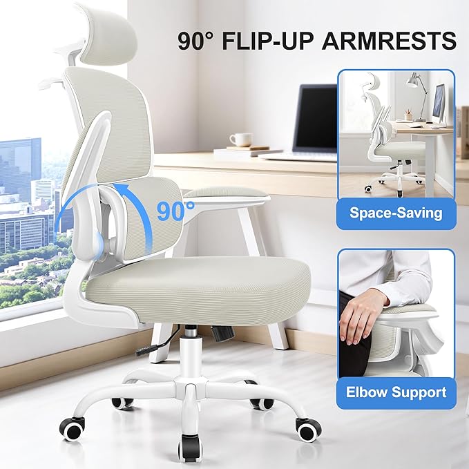 Ergonomic Office Chair, Mesh Desk Chair with Lumbar Support, High Back Home Office Chair with Adjustable Headrest and Flip-Up Arms, Comfortable Computer Chair, Thick Cushion, 300 LBS, White