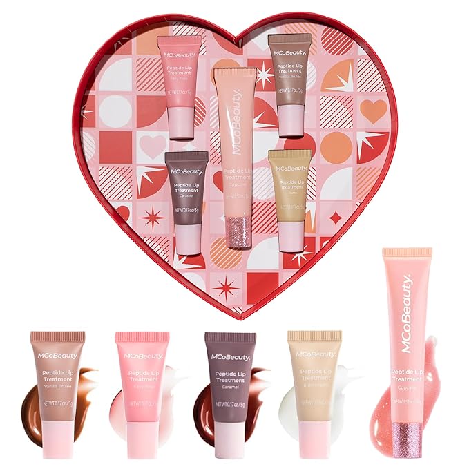 MCoBeauty Peptide Lip Treatment Gift Set - Lip Gloss Balm Tint Kit with Peptides Shea Butter for Dry Lips - 5 Piece Cupcake Latte Fairy Floss Caramel Vanilla Scents - Vegan Cruelty Free
