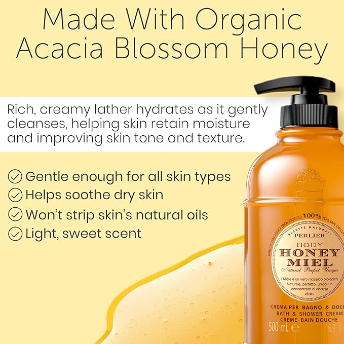Perlier Sweet Honey Miel Shower & Bath Cream - Nourishing & Soothing Luxury Bath Cream Made With 100% Organic Italian Honey For Deep Moisturization And Hydration (101.4 oz, 101.3 fl. oz)