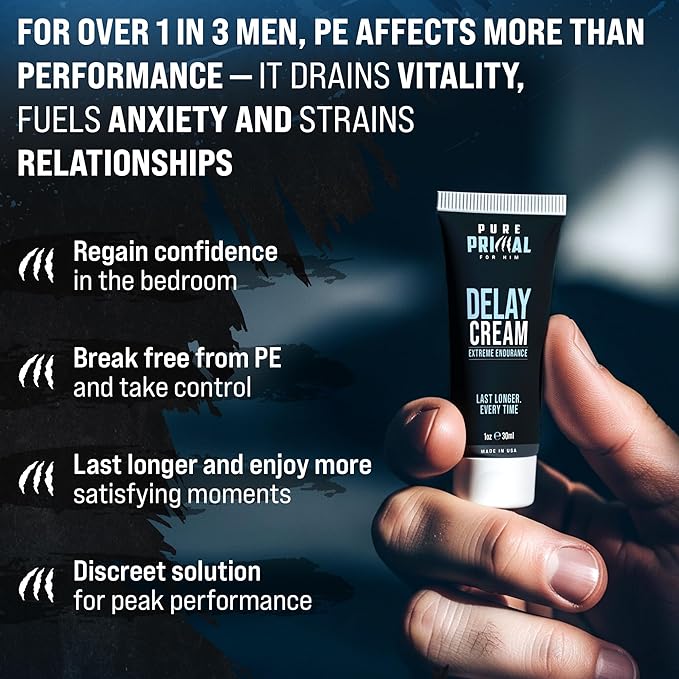 Pure Primal Delay Cream for Men, Enhances Endurance to Last Longer in Bed - 7.5% Benzocaine - No Mess Choice Over Delay Spray - Retardantes para Caballeros - 1oz