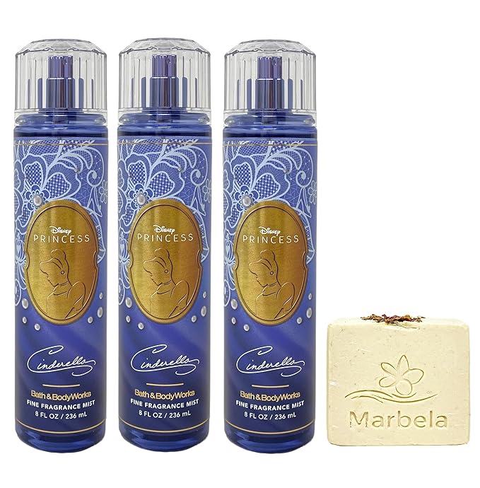 Bath & Body Works Limited Edition Princess Collection Cinderella 3 Pack Fragrance Mist Bundle with a Creamy Rose Bar Soap - Full Size