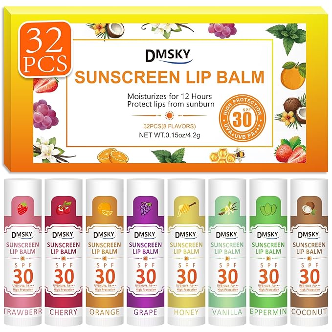 DMSKY SPF 30 Sunscreen Lip Balm 32 Pack, No White Cast Sun Protection Lip Care with Vitamin E and Beeswax, Broad Spectrum SPF Lip Balm forTravel