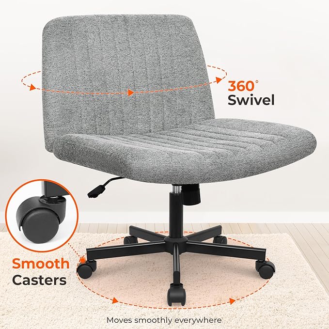 NEO Chair Criss Cross Chair with Wheels Home Office Cross Legged Armless Chairs Ergonomic Adjustable Computer Desk Task Wide Seat for Bedroom Vanity Comfy Swivel (Grey)