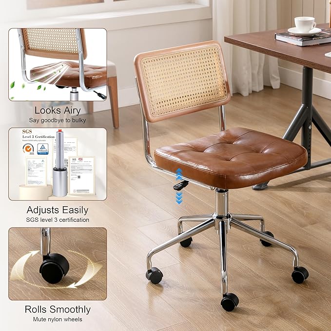 Zesthouse Leather Office Desk Chair with Wheels, Mid Century Rolling Desk Chair with Natural Rattan Back, Modern Swivel Home Office Chair, Small Height Adjustable Computer Task Chair, Brown