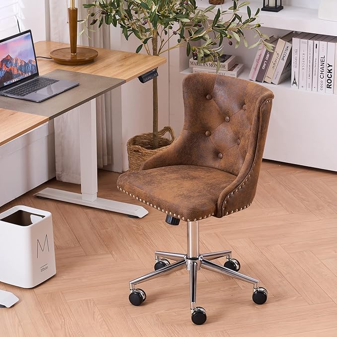 VINGLI Rustic Microfiber Armless Home Office Desk Chair with Silver Base/Wheels, Small Cute Vanity/Makeup Chair with Back for Bedroom, Upholstered Adjustable Rolling Swivel Nail Chair for Women/Girls