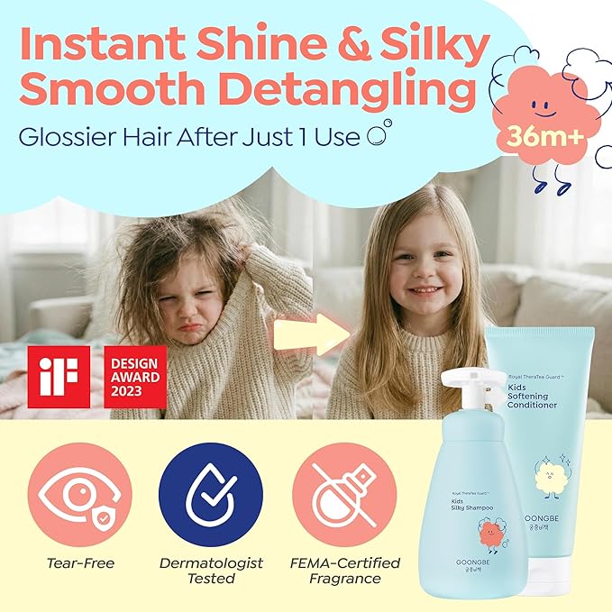 GOONGBE Korean Kids Silicone-Free Silky Shampoo & Conditioner for Weak Frizzy Hair - Glossy Shine & Tangle Prevention - Low pH - Allergen-Free, 10.1oz & 6.76oz