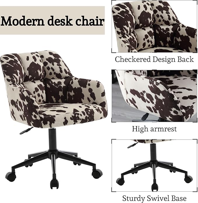 Cow Print Desk Chair Velvet Office Chair, 360° Swivel Work Chair with Mid Back Support Armrest, Adjustable-Height Upholstered Chair for Living Room, Bedroom Home Office, Cow Print