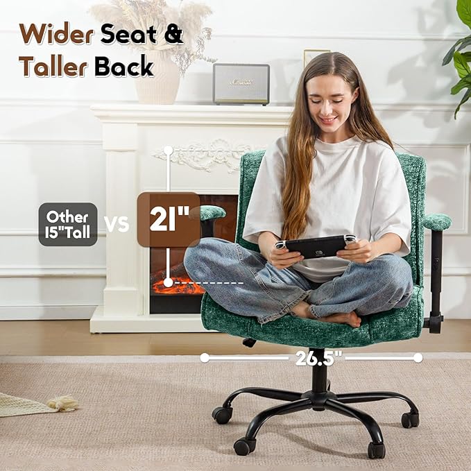 Criss Cross Chair with Wheels & Flip Arms, Wide Cross Legged Office Chair with Adjustable Tilt Criss-Cross Desk Chair with Lumbar Support for Home Office, Bedroom, Apartment Green