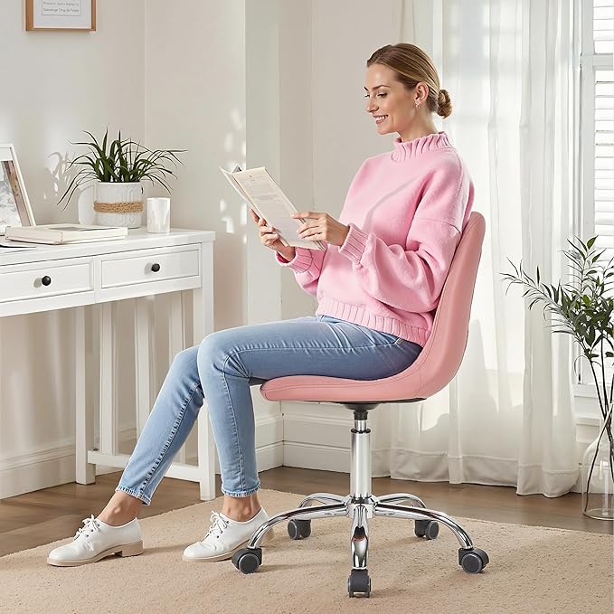 VECELO Stylish Height Adjustable Faux Leather Vanity Chair, Modern Swivel Makeup Chair with Rolling Wheels, Comfortable Padded Task Chair for Bedroom, Dressing Room & Home Office – Pink