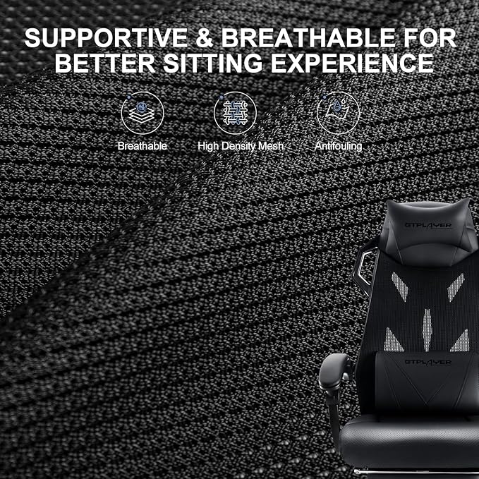 GTPLAYER Gaming Chair, Computer Chair with Mesh Back, Ergonomic Gaming Chair with Footrest, Reclining Gamer Chair with Adjustable Headrest and Lumbar Support for Gaming and Office (Black)