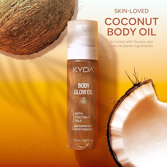 KYDA Travel Size Sunscreen,SPF 45 Sunscreen Spf Body Oil with Gold Mica, Sun-kissed Glow Skin Illuminator, Moisturizing Coconuts Summer Sunscreen, Water Resistant, 3.38 fl oz, AMBER