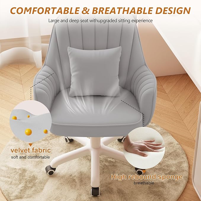 Home Office Chair Velvet Vanity Chairs Makeup Desk Chair with Wheels Mid Back Computer Chairs Height Adjustable Swivel Rolling Task Chair for Living Room, Bedroom, Office