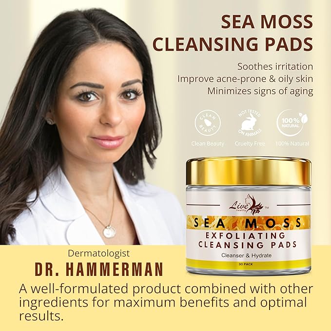 Seamoss Cleansing Pads for Acne Treatment - Gentle Exfoliation, Natural with Aloe Vera, Salicylic Acid - Acne Clearing, Skin Pore Resurfacing, Toner Pads, Hydrating, Peel Pads - 30 Pack