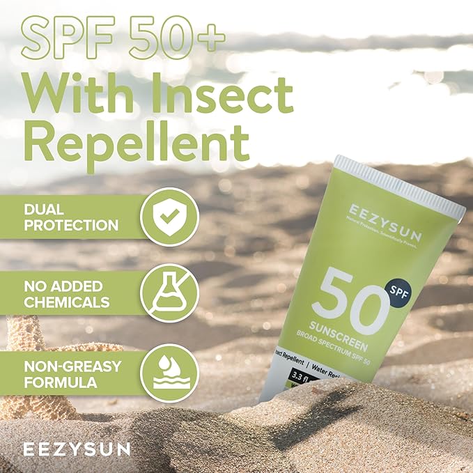 Sunscreen SPF50 with Insect Repellent - Water-Resistant Sunscreen Bug Repellent Combo with Citronella Oil, Lemongrass, Neem Oil - Vacation, Beach Essentials, Face & Body Sun Care - 3.3 fl oz