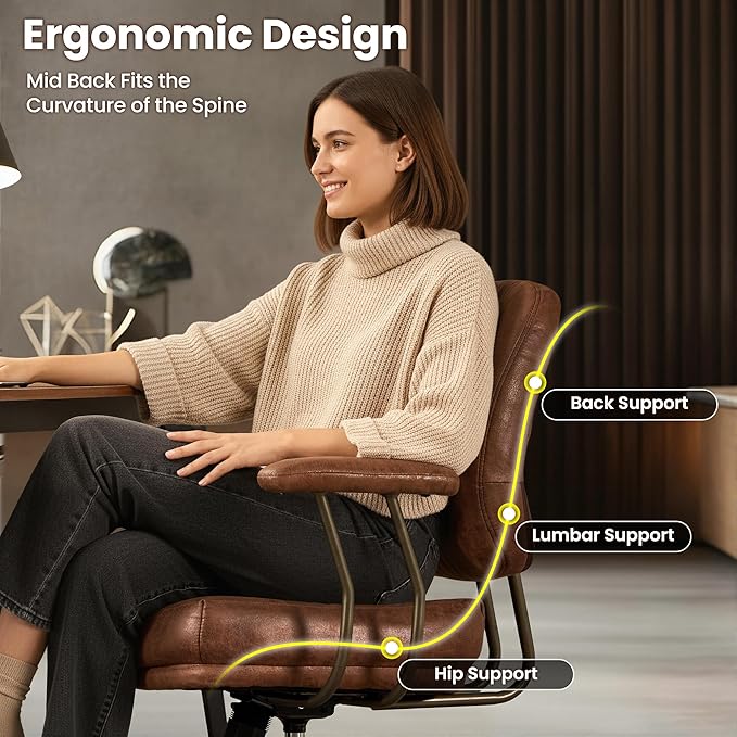 ovios Ergonomic Office Chair, Mid Back Faux Leather Executive Chairs with Thick Cushion, Comfy Mid-Century Modern Swivel Rolling Computer Armchair (Dark Brown, Suede Leather)