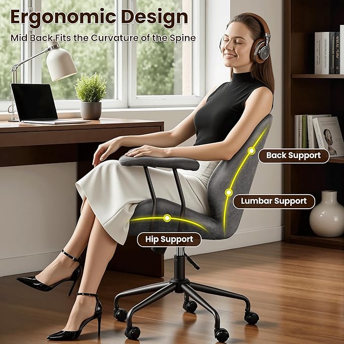 ovios Ergonomic Office Chair, Mid Back Faux Leather Executive Chairs with Armrests, Comfy Mid-Century Modern Swivel Rolling Computer Armchair (Dark Grey, Suede Leather)