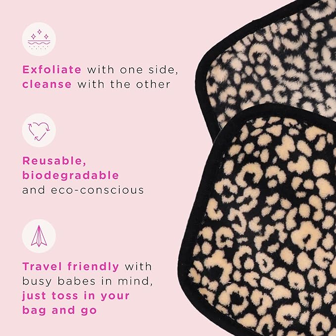 ERASE YOUR FACE Reusable Makeup Remover Cloths - Microfiber Face Towels to Cleanse & Remove Makeup - Water Activated for Sensitive Skin - Black & Animal Print (2 Count)