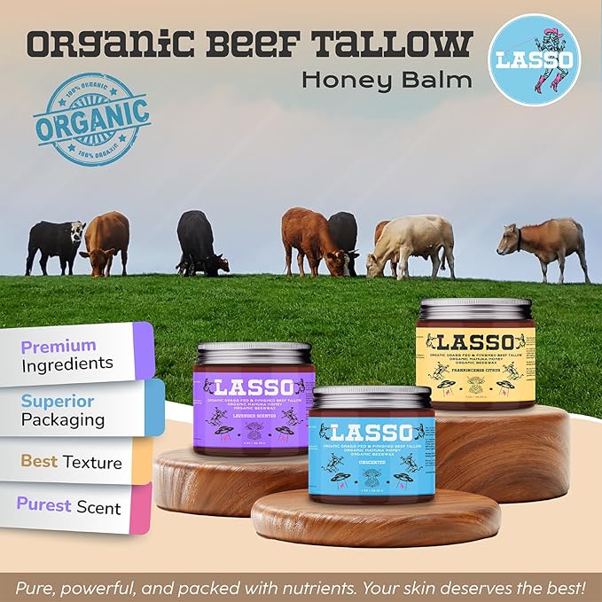 LASSO Beef Tallow Face Moisturizer with Grass-Fed/Finished Beef Tallow for Skin, Manuka Honey and Beeswax, Unscented and Manuka Honey Balm