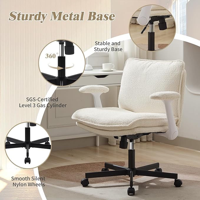 Criss Cross Legged Office Chair with Wheels and Flip-Up Arms, Upholstered Criss Cross Desk Chair, Wide Seat Chairs for Home Office, Vanity, Apartment, Beige