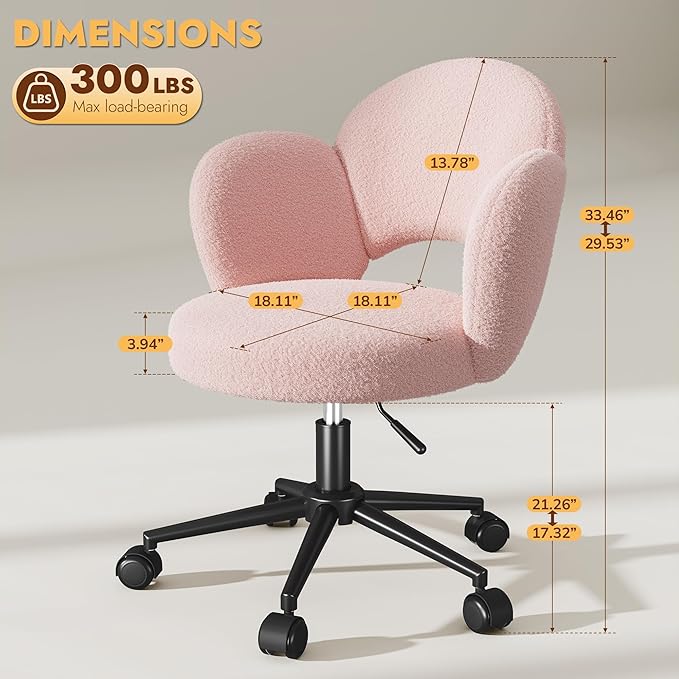 Petal Vanity Chair with Wheels, Cute Desk Chair with Back, Height Adjustable & Lumbar Support, Small Office Chair for Study, Makeup & Relaxation, Pink