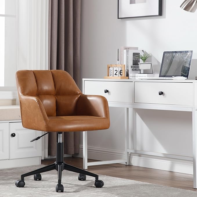 Modern PU Leather Office Desk Chair with Armrest, Height Adjustable Wide Seat Computer Task Chair for Home Office, Mid Back Accent Chair, Brown