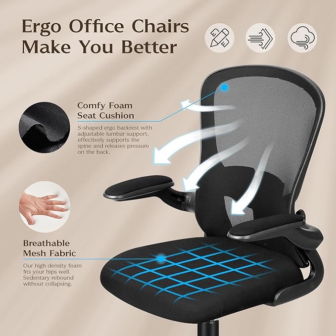 FelixKing Office Desk Chairs, Ergonomic PC Desk Chair with Wheels, Adjustable Lumbar Support and Height, Swivel Computer Chair with Flip-up Armrests and Ergo Mesh Backrest(Black, Pack of 8)