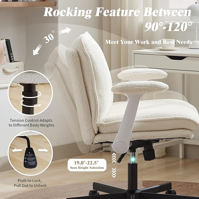 Criss Cross Legged Office Chair with Wheels and Flip-Up Arms, Upholstered Criss Cross Desk Chair, Wide Seat Chairs for Home Office, Vanity, Apartment, Beige