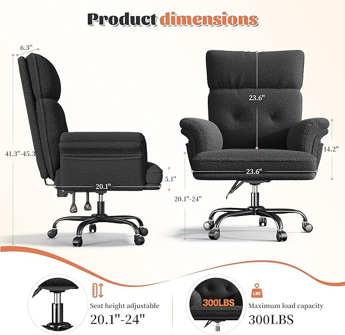 Criss Cross Chair with Wheels and Arms,Teddy Plush Vanity Chair with Side Pockets， Adjustable Home Office Desk Chairs，Computer Chair for Home, Makeup and Office Use,Black