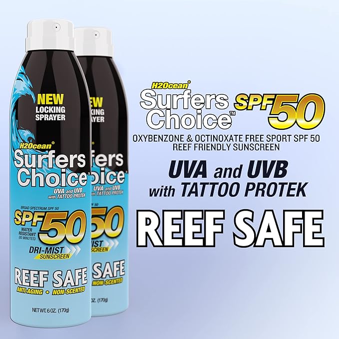 2-Pack H2Ocean Surfers Choice Tattoo Sunscreen SPF 50 UVA/UVB Sunscreen with Tattoo Protek Quick Dry Reef Safe Water Resistant