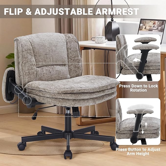 Criss Cross Chair with Wheels and Flip Arms, Upholstered Cross Legged Office Chair with 3 Layer Cushions&Dynamic Airbag Lumbar Support, Wide Seat Comfy Desk Chair for Home Office, Living Room, Khaki