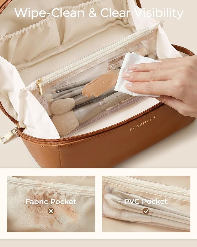 BAGSMART Makeup Bag Travel Cosmetic Bag, Large Make Up Bag Flat Open Toiletry Bag for Women, PU Leather Travel Essentials Organizer Case, Wide-open Pouch Purse for Skincare, Brushes, Nude Pink