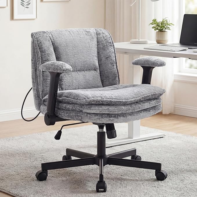 Criss Cross Chair with Wheels and Flip Arms, Upholstered Cross Legged Office Chair with 3 Layer Cushions&Dynamic Airbag Lumbar Support, Wide Seat Comfy Desk Chair for Home Office, Living Room, Grey