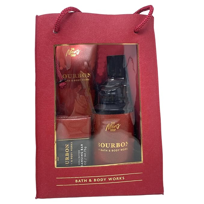 Bath & Body Works Men's Collection Bourbon Gift Set- Ultimate Hydration Body Cream - 3-in-1 Hair, Face & Body Wash - Body Spray and Cleansing Bar - with a Peach Gardenia Sample Soap