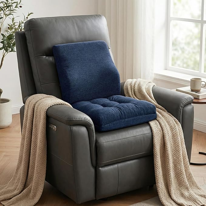 baibu Memory Foam Small Recliner Cushions with Lumbar Support Pillow Set, 18x16x4 Inch Dual-Layer Design Non-Slip Recliner Seat Cushion & Back Support Pillow for Reduce Hip & Lumbar Pain, Navy Blue