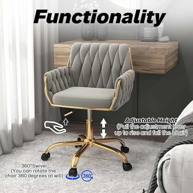 Woven 360°Swivel Desk Chair, Velvet Height Adjustable Home Office Armchair with Golden Base for Teens Women Girls, Upholstery Computer Chair for Home Studios and Office, Woven & Light Gray