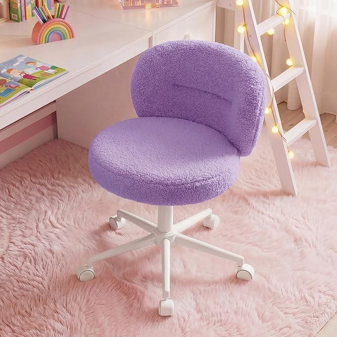 Small Round Vanity Chair, Armless Home Office Desk Chairs with Back, Height Adjustable & 360° Swivel, Cute Comfy Vanity Computer Chair for Bedroom, Home Office, Purple